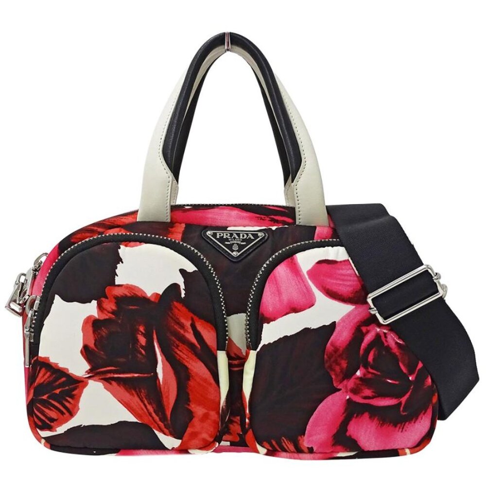 Prada Rose Nylon Handbag Tote Bag Zip Flowers Pockets Red Pink Black Purse NEW - Picture 2 of 6